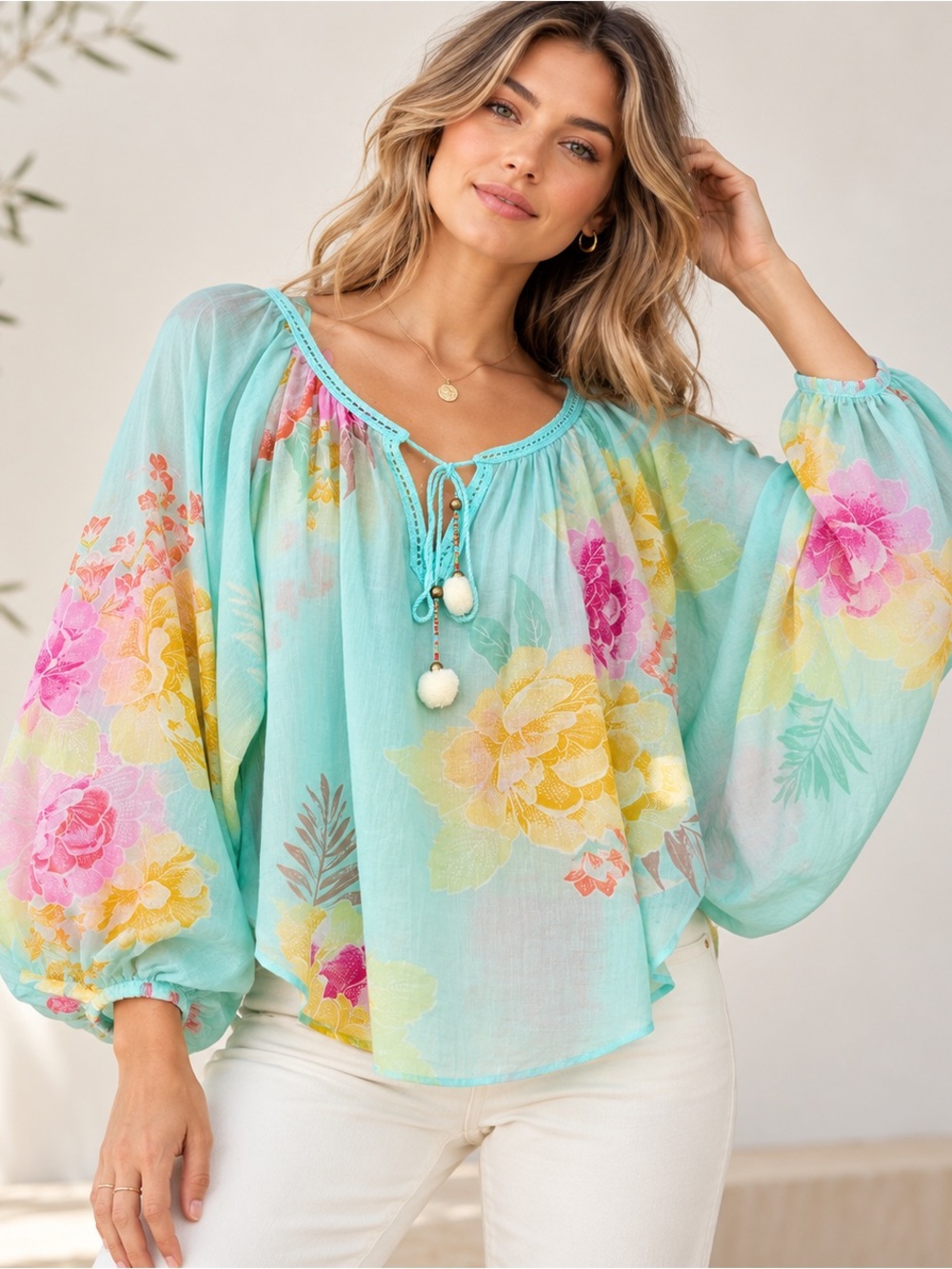 FARM Rio Basel Peasant Blouse Size L Mint Green Floral Boho Balloon Sleeve Top